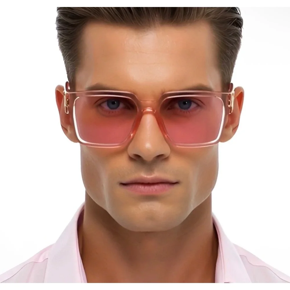 Mens Pink Square Oversized Sunglasses Gold Hardware Translucent‎ Frames Retro